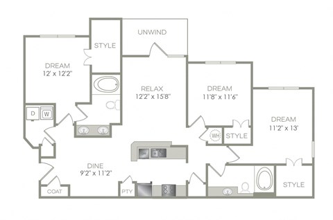 Floor plan for 3 beds, 2 baths, 1385 sqft